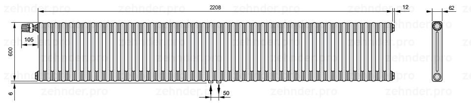 Схема (чертеж) Радиатор Zehnder Charleston 2060/48 №V007 Белый глянцевый RAL 9016